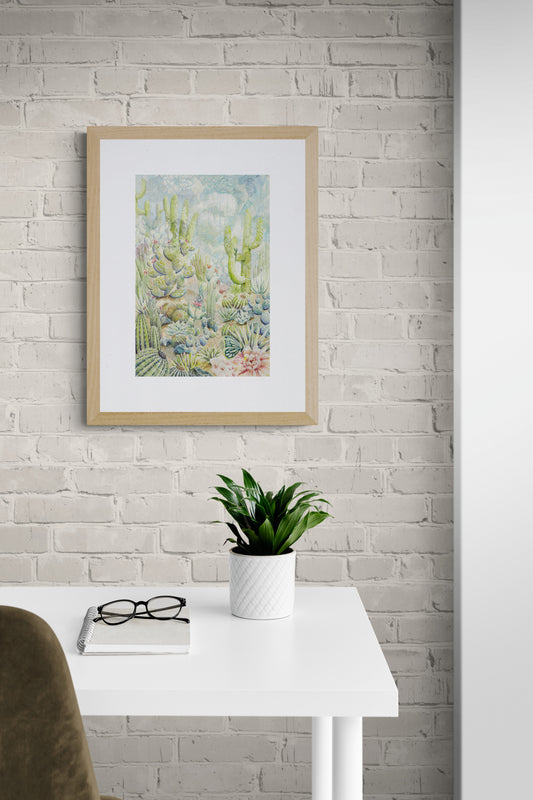 "Pastel desert landscape wall art print featuring intricate plants, a hidden camouflaged lizard, and a subtle ‘I love you’ message, available framed or unframed for Southwestern and nature-inspired home decor."