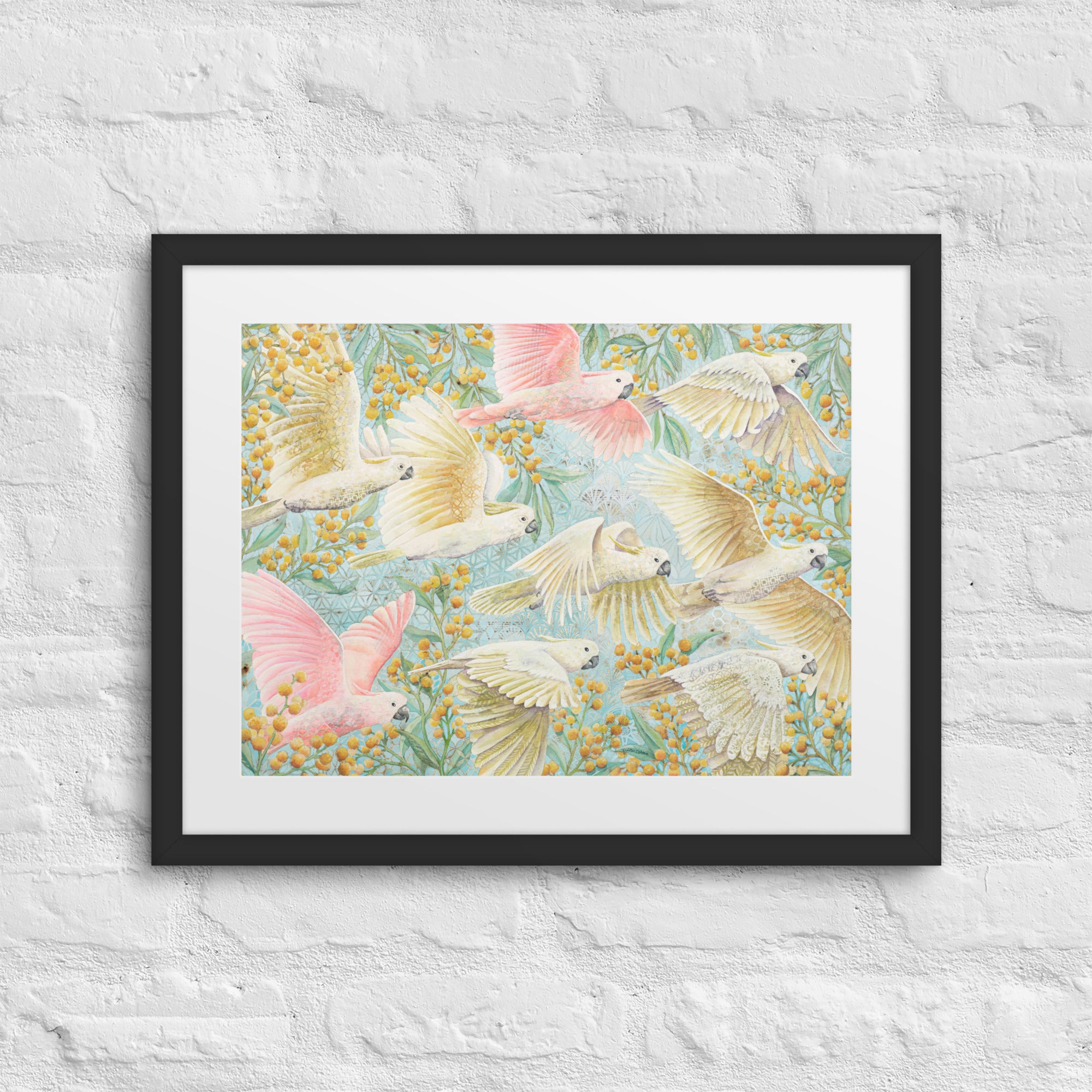 Unframed art print of flying cockatoos and golden wattle flowers, soft pastel bird artwork for gender-neutral or girl’s nursery. yellow, pink, turquoise