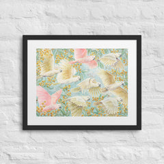 Unframed art print of flying cockatoos and golden wattle flowers, soft pastel bird artwork for gender-neutral or girl’s nursery. yellow, pink, turquoise