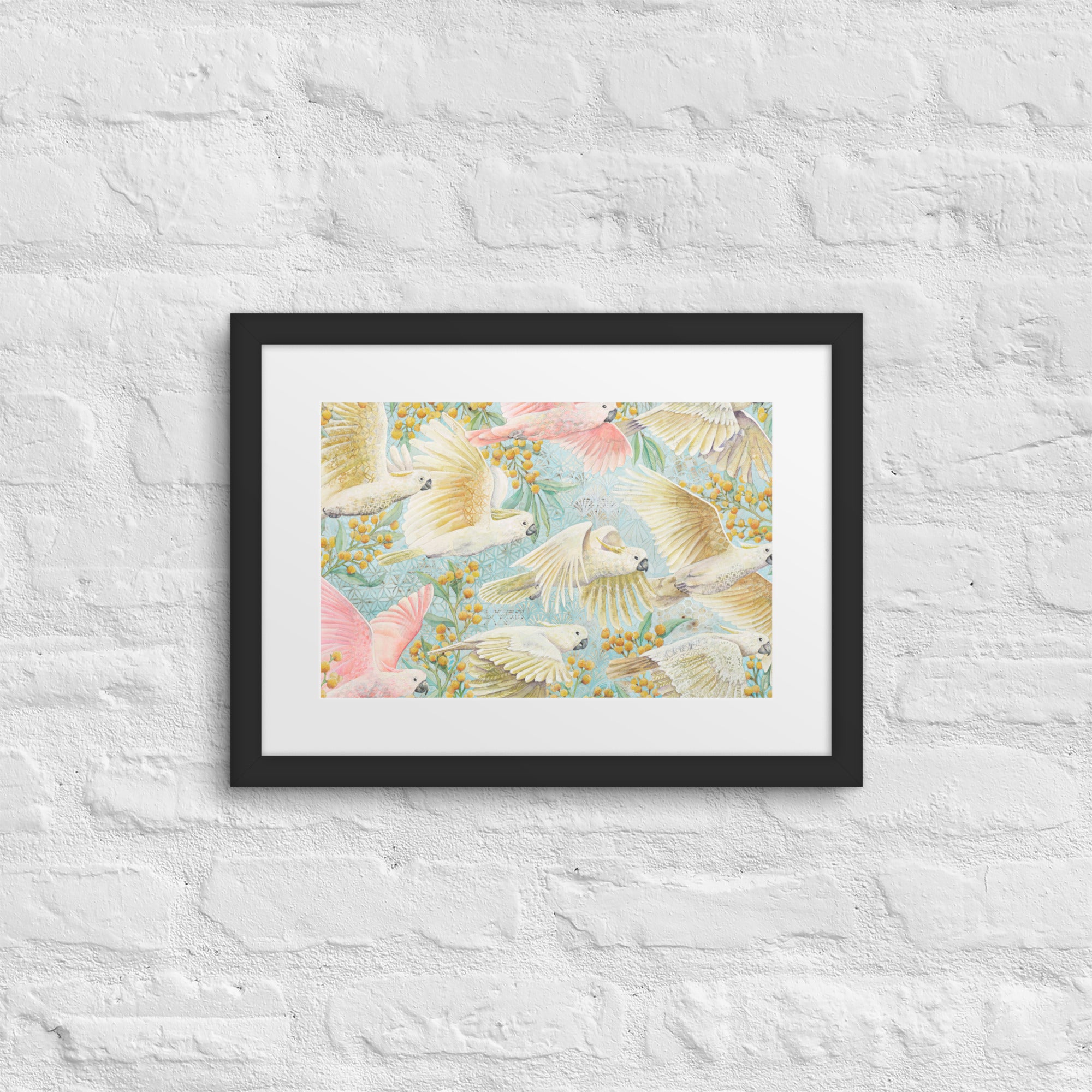 Unframed art print of flying cockatoos and golden wattle flowers, soft pastel bird artwork for gender-neutral or girl’s nursery. yellow, pink, turquoise