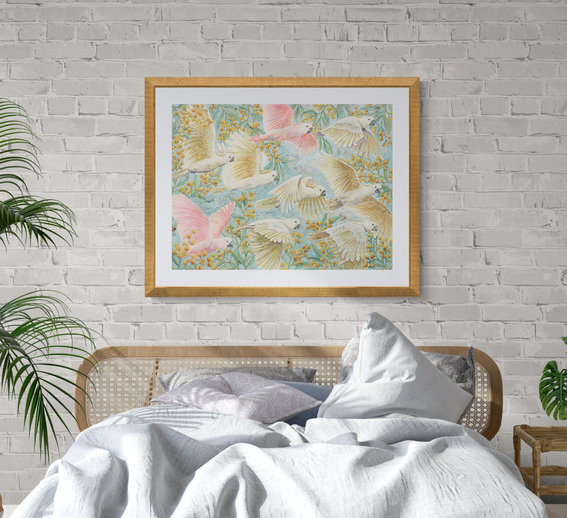 Unframed art print of flying cockatoos and golden wattle flowers, soft pastel bird artwork for gender-neutral or girl’s nursery. yellow, pink, turquoise