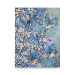 Watercolor painting of chickadee birds flying among cherry blossoms — vibrant nature wall art with rich textures and patterns, perfect for spring home décor or bird-themed nursery.