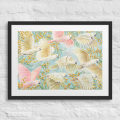 Unframed art print of flying cockatoos and golden wattle flowers, soft pastel bird artwork for gender-neutral or girl’s nursery. yellow, pink, turquoise