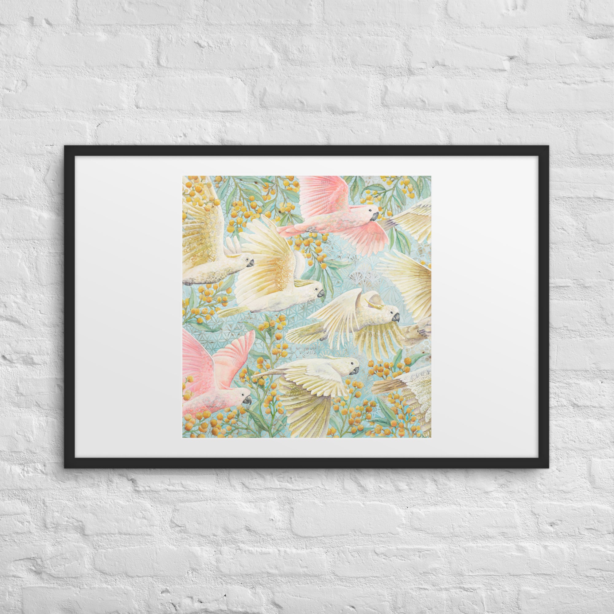Unframed art print of flying cockatoos and golden wattle flowers, soft pastel bird artwork for gender-neutral or girl’s nursery. yellow, pink, turquoise , Australian birds animals, nursery