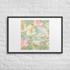 Unframed art print of flying cockatoos and golden wattle flowers, soft pastel bird artwork for gender-neutral or girl’s nursery. yellow, pink, turquoise , Australian birds animals, nursery