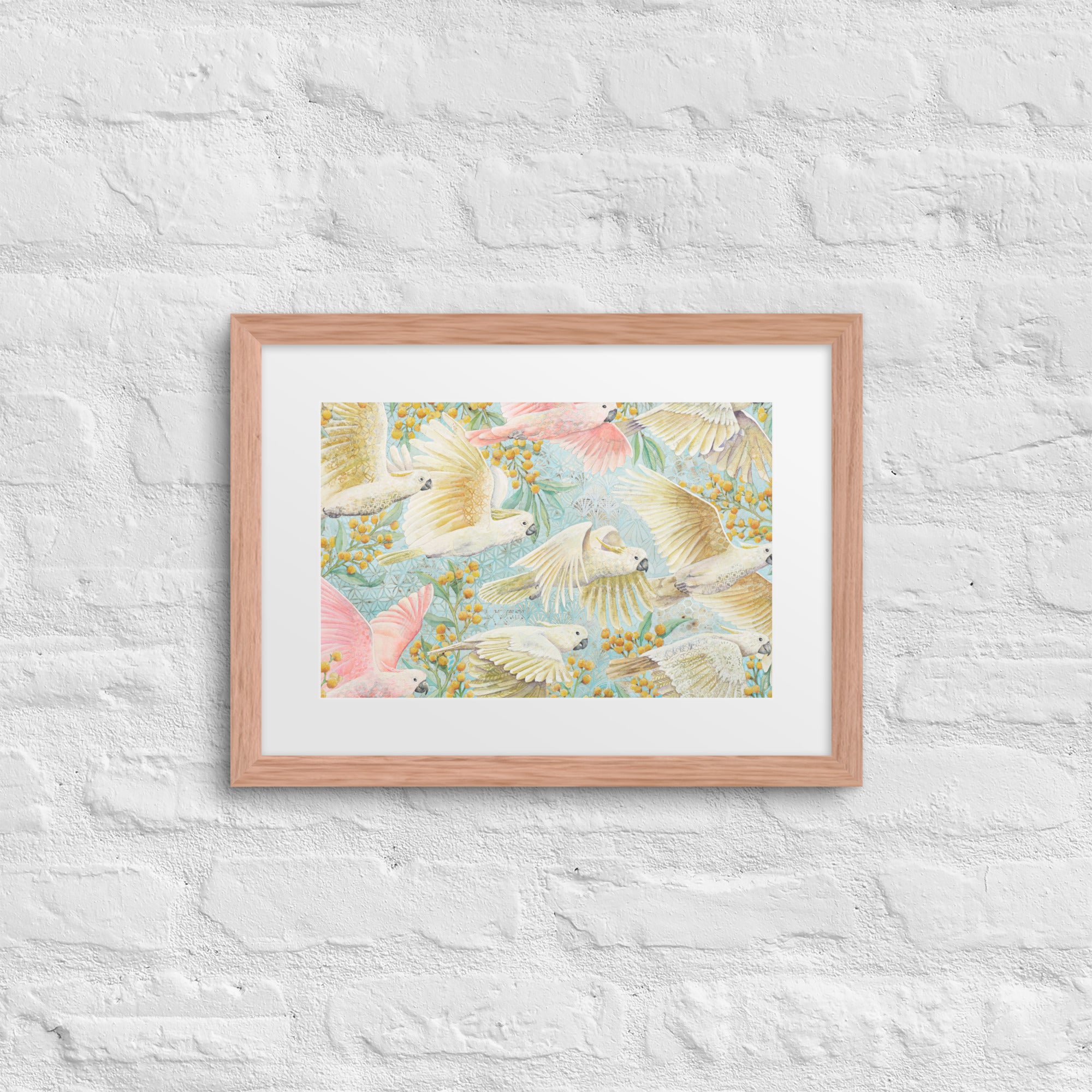 Unframed art print of flying cockatoos and golden wattle flowers, soft pastel bird artwork for gender-neutral or girl’s nursery. yellow, pink, turquoise , Australian birds animals, nursery