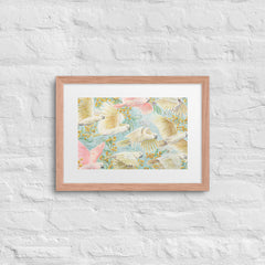 Unframed art print of flying cockatoos and golden wattle flowers, soft pastel bird artwork for gender-neutral or girl’s nursery. yellow, pink, turquoise , Australian birds animals, nursery