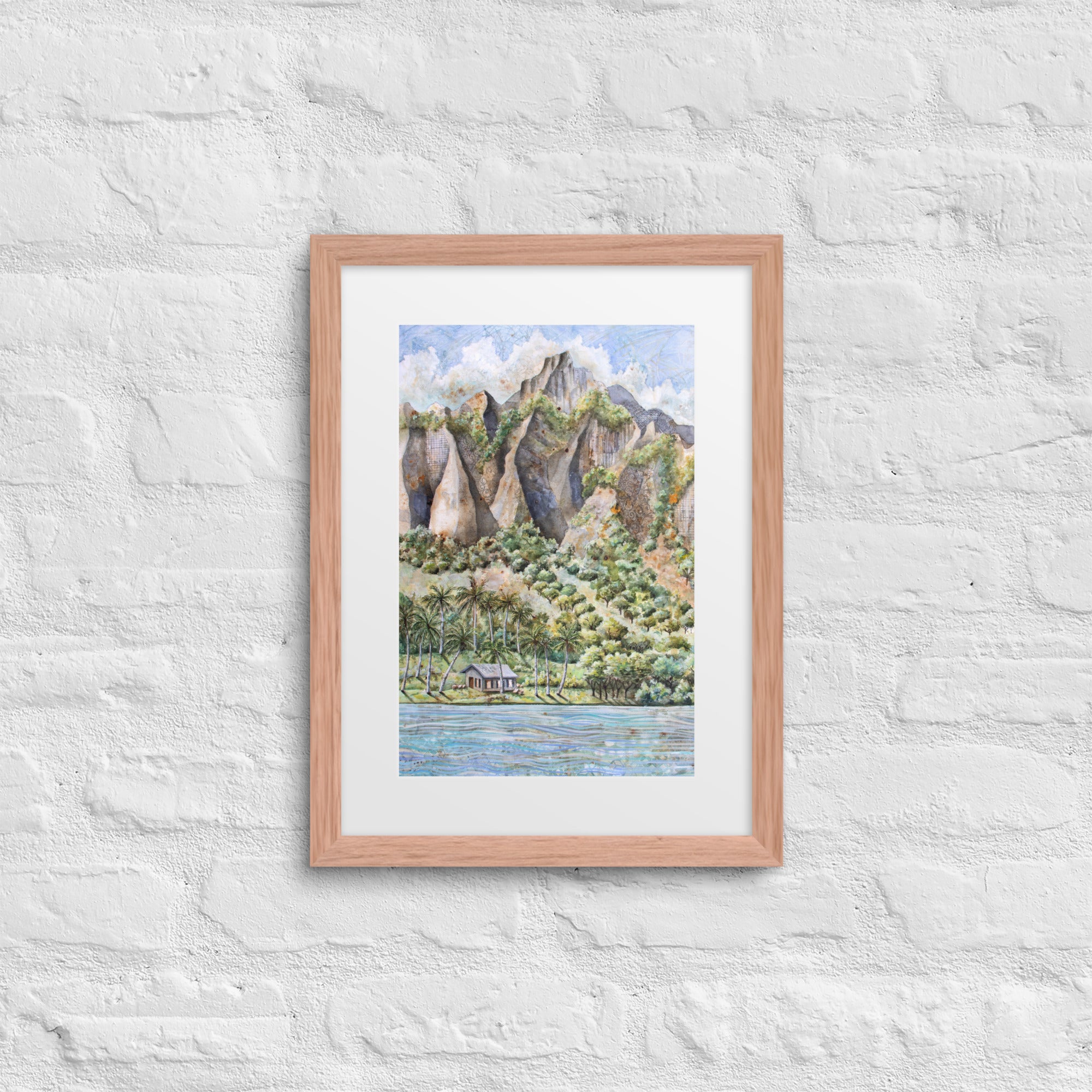 Hawaiian Landscape Watercolor Painting – Tropical Ocean View with Mountains, Trees & Cottage Wall Art