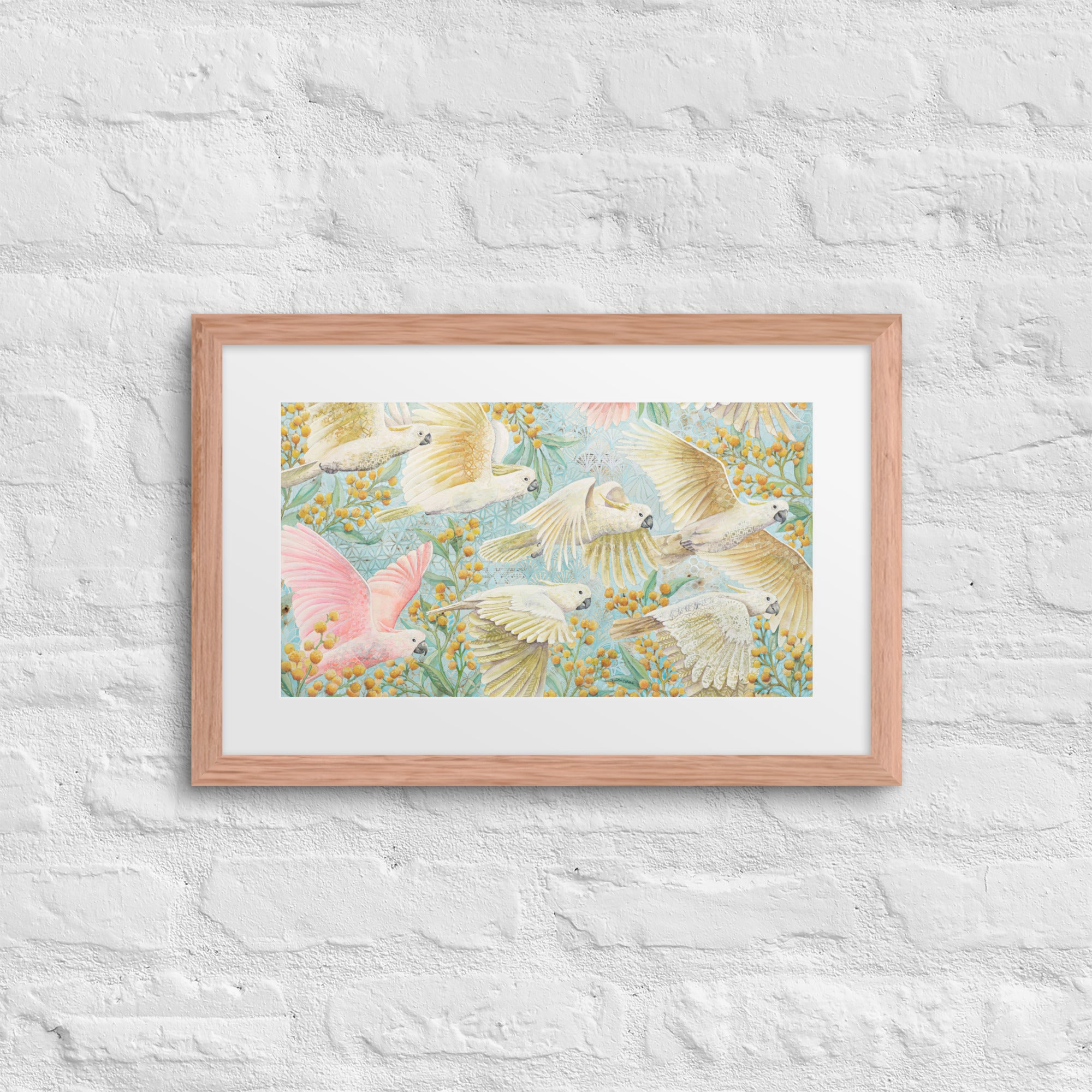 Unframed art print of flying cockatoos and golden wattle flowers, soft pastel bird artwork for gender-neutral or girl’s nursery. yellow, pink, turquoise , Australian birds animals, nursery