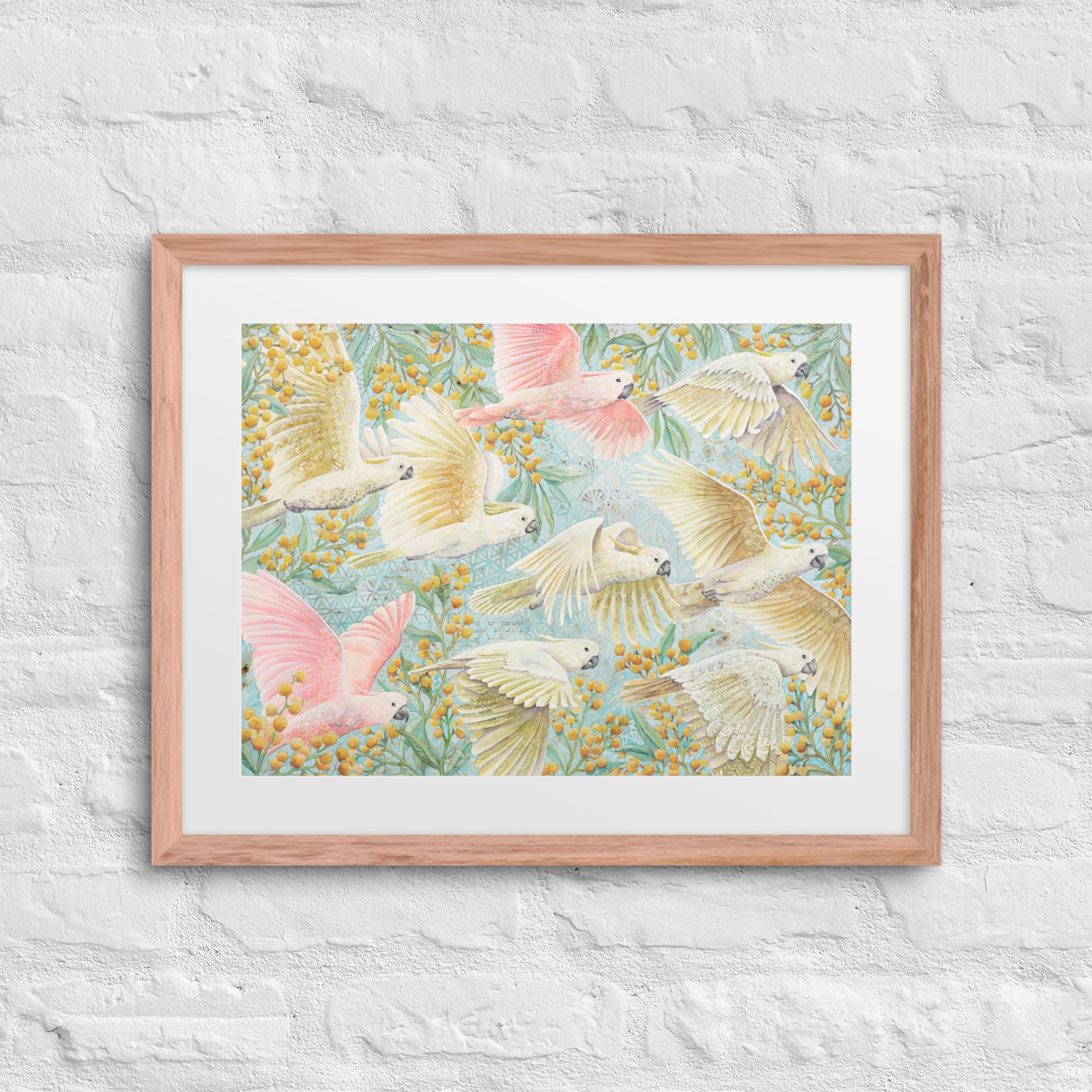 Unframed art print of flying cockatoos and golden wattle flowers, soft pastel bird artwork for gender-neutral or girl’s nursery. yellow, pink, turquoise , Australian birds animals, nursery