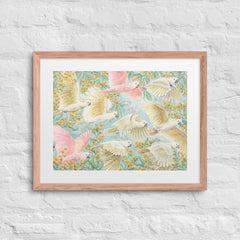 Unframed art print of flying cockatoos and golden wattle flowers, soft pastel bird artwork for gender-neutral or girl’s nursery. yellow, pink, turquoise , Australian birds animals, nursery