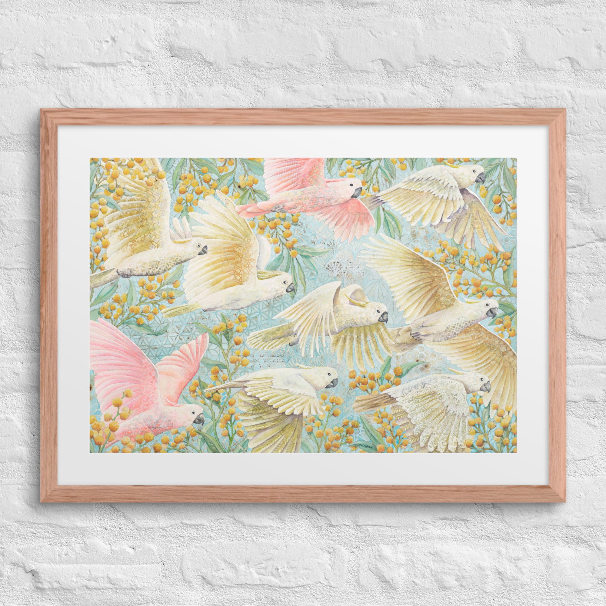 Unframed art print of flying cockatoos and golden wattle flowers, soft pastel bird artwork for gender-neutral or girl’s nursery. yellow, pink, turquoise , Australian birds animals, nursery
