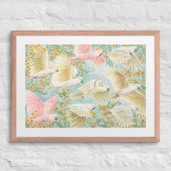 Unframed art print of flying cockatoos and golden wattle flowers, soft pastel bird artwork for gender-neutral or girl’s nursery. yellow, pink, turquoise , Australian birds animals, nursery