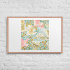 Unframed art print of flying cockatoos and golden wattle flowers, soft pastel bird artwork for gender-neutral or girl’s nursery. yellow, pink, turquoise , Australian birds animals, nursery