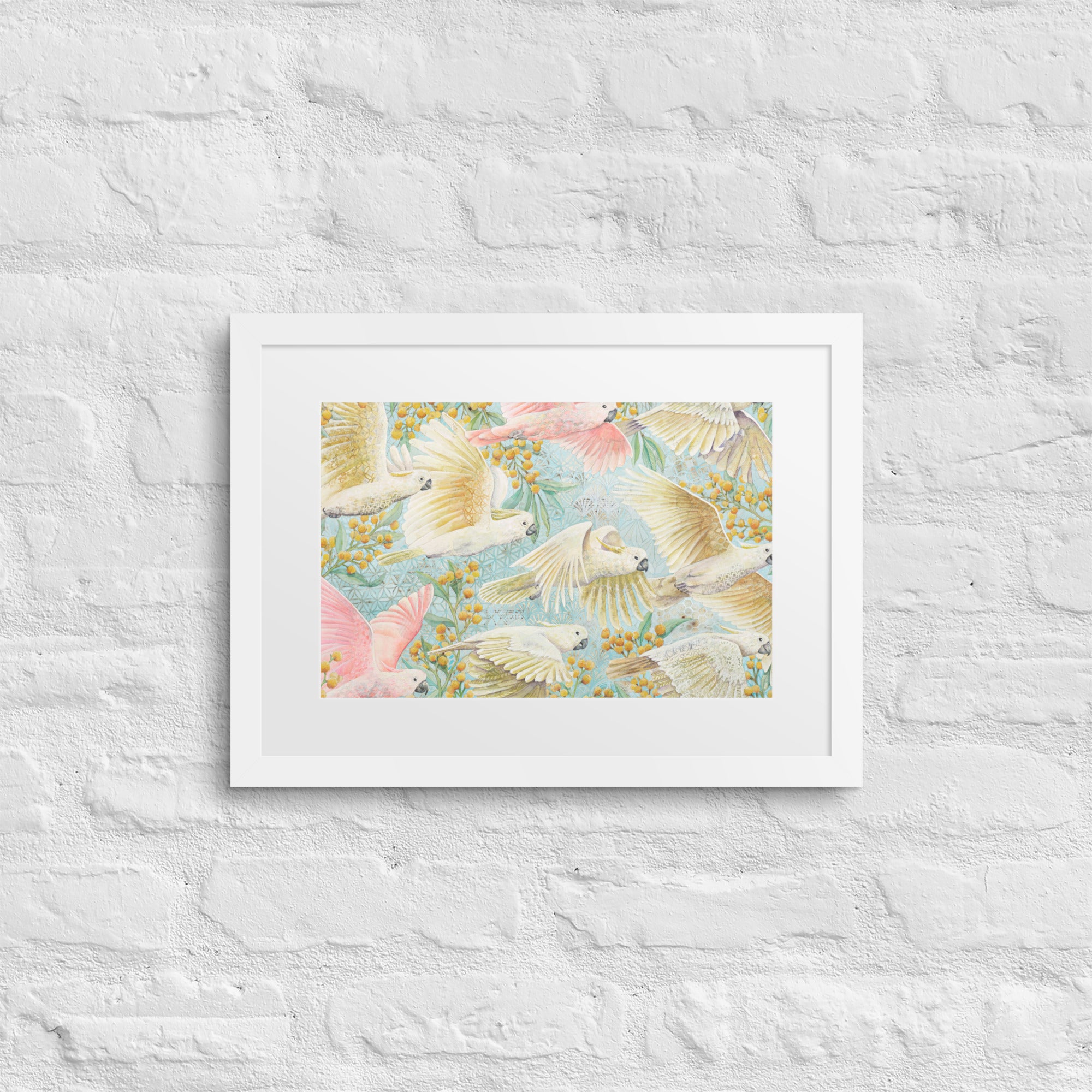 Unframed art print of flying cockatoos and golden wattle flowers, soft pastel bird artwork for gender-neutral or girl’s nursery. yellow, pink, turquoise , Australian birds animals, nursery