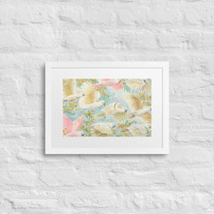 Unframed art print of flying cockatoos and golden wattle flowers, soft pastel bird artwork for gender-neutral or girl’s nursery. yellow, pink, turquoise , Australian birds animals, nursery