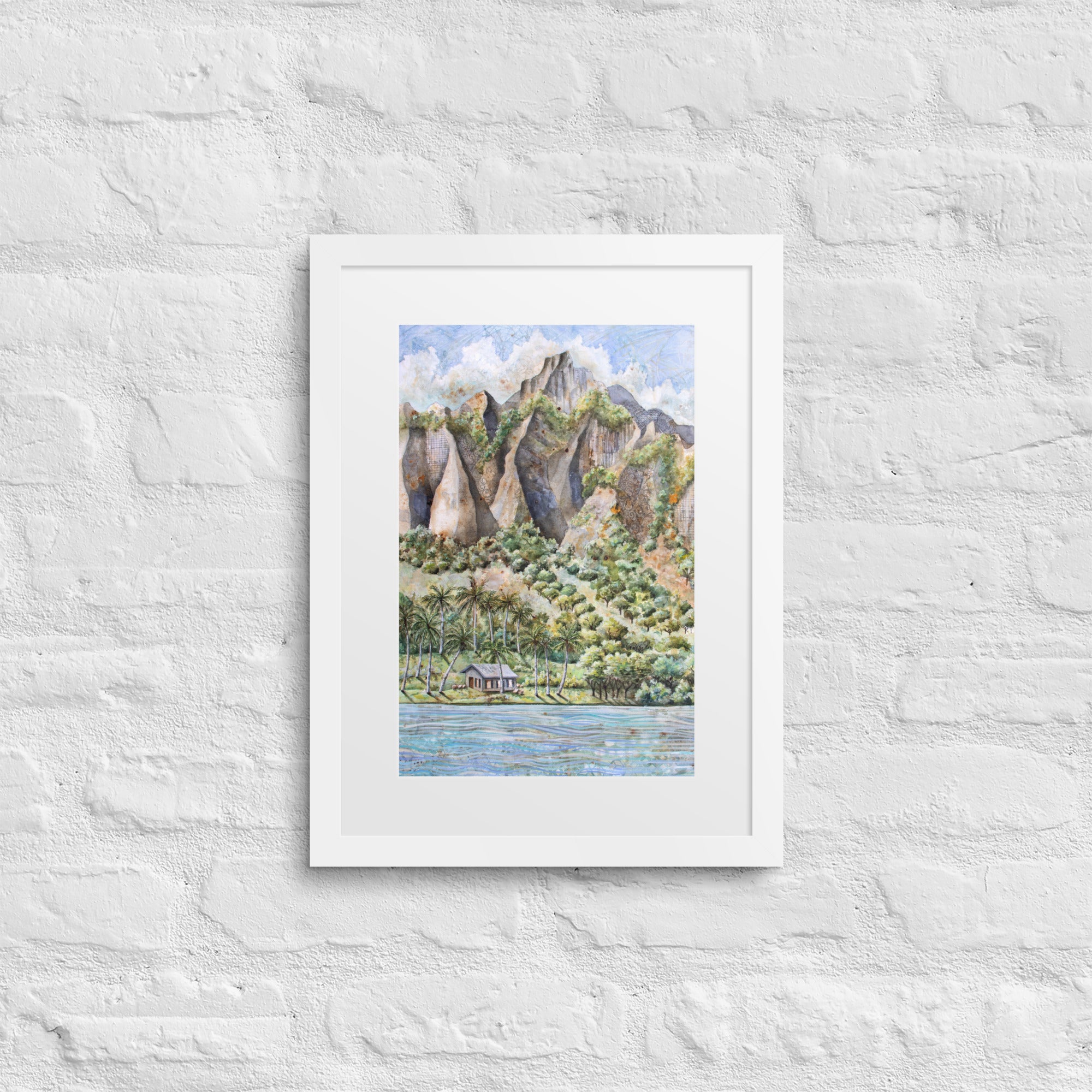 Hawaiian Landscape Watercolor Painting – Tropical Ocean View with Mountains, Trees & Cottage Wall Art