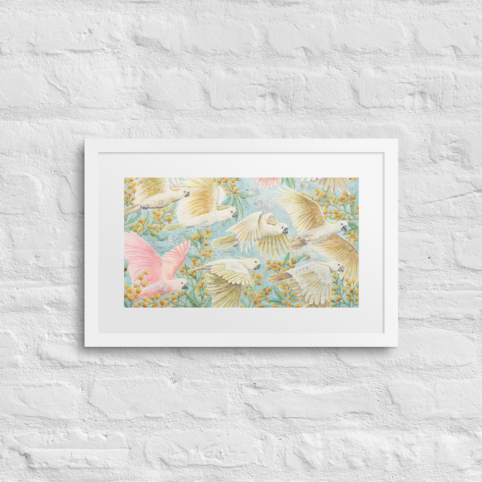 Unframed art print of flying cockatoos and golden wattle flowers, soft pastel bird artwork for gender-neutral or girl’s nursery. yellow, pink, turquoise , Australian birds animals, nursery