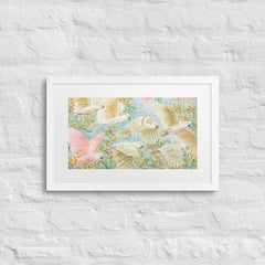 Unframed art print of flying cockatoos and golden wattle flowers, soft pastel bird artwork for gender-neutral or girl’s nursery. yellow, pink, turquoise , Australian birds animals, nursery