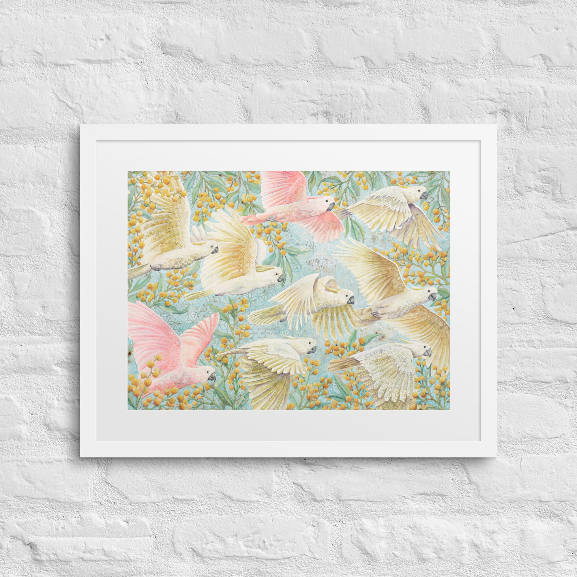 Unframed art print of flying cockatoos and golden wattle flowers, soft pastel bird artwork for gender-neutral or girl’s nursery. yellow, pink, turquoise