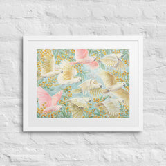 Unframed art print of flying cockatoos and golden wattle flowers, soft pastel bird artwork for gender-neutral or girl’s nursery. yellow, pink, turquoise