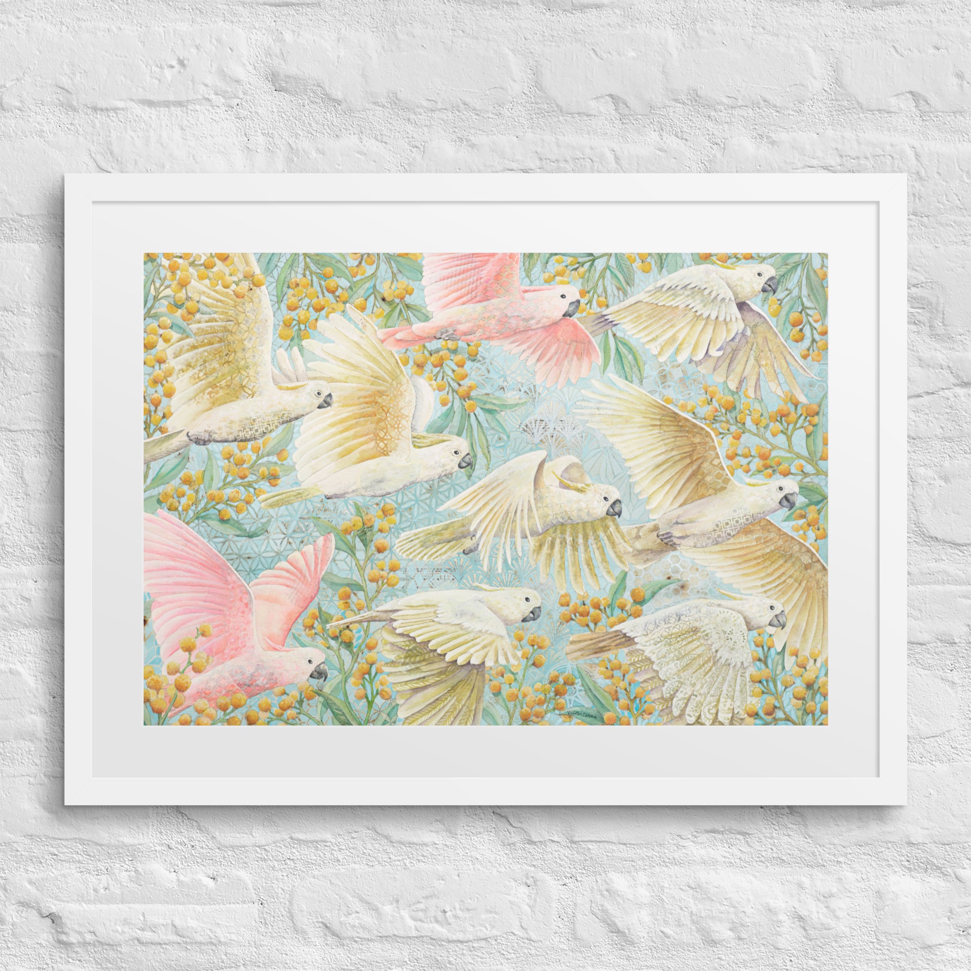 Unframed art print of flying cockatoos and golden wattle flowers, soft pastel bird artwork for gender-neutral or girl’s nursery. yellow, pink, turquoise , Australian birds animals, nursery