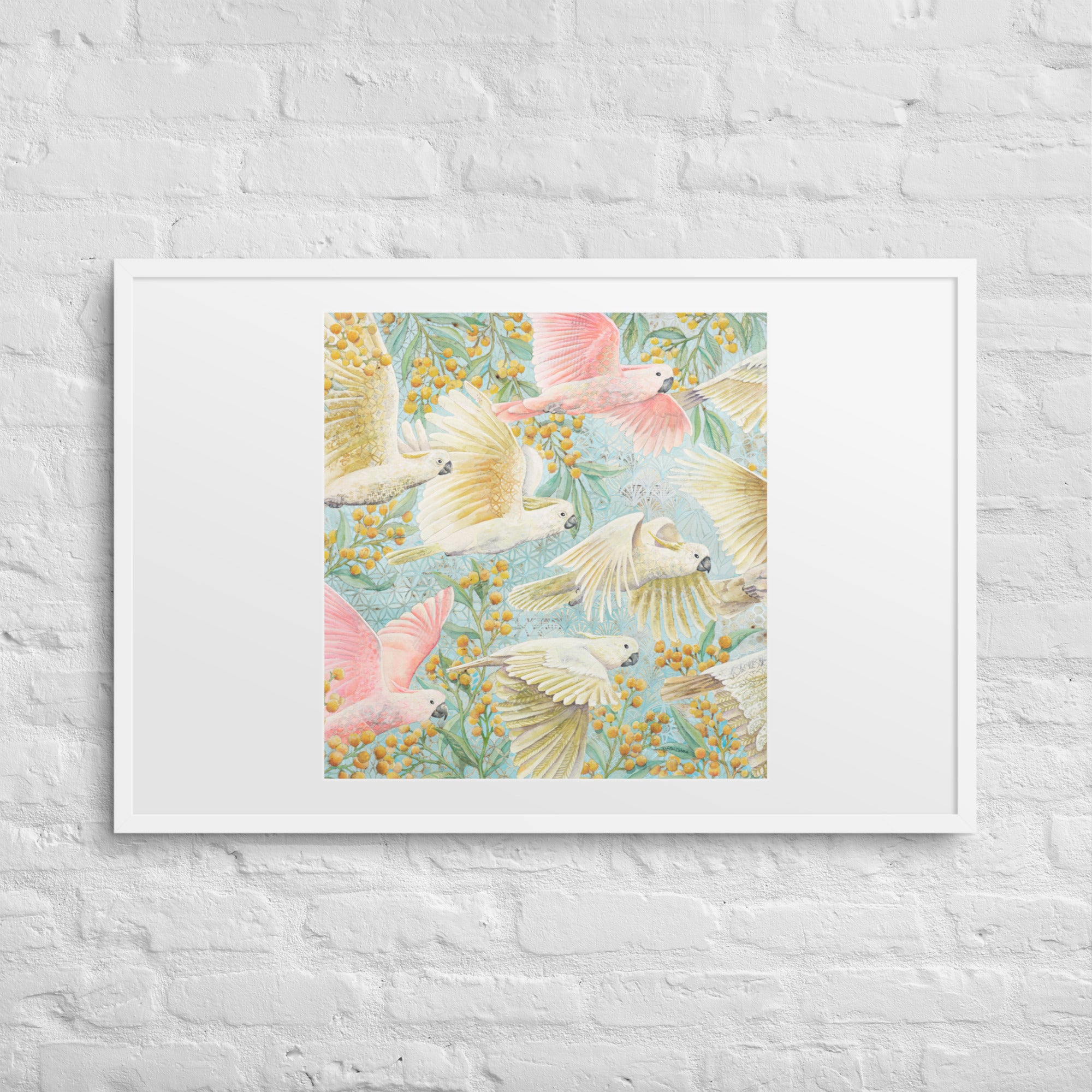Unframed art print of flying cockatoos and golden wattle flowers, soft pastel bird artwork for gender-neutral or girl’s nursery. yellow, pink, turquoise , Australian birds animals, nursery