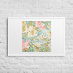 Unframed art print of flying cockatoos and golden wattle flowers, soft pastel bird artwork for gender-neutral or girl’s nursery. yellow, pink, turquoise , Australian birds animals, nursery