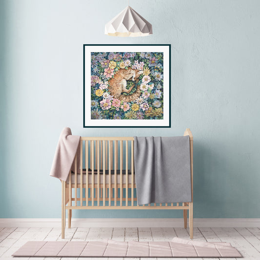 Square art print of a sleeping fox nestled in colorful flowers; whimsical nursery wall art featuring animal illustration for kids’ rooms or baby decor.