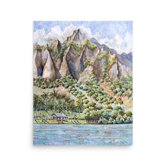 Hawaiian Landscape Watercolor Painting – Tropical Ocean View with Mountains, Trees & Cottage Wall Art
