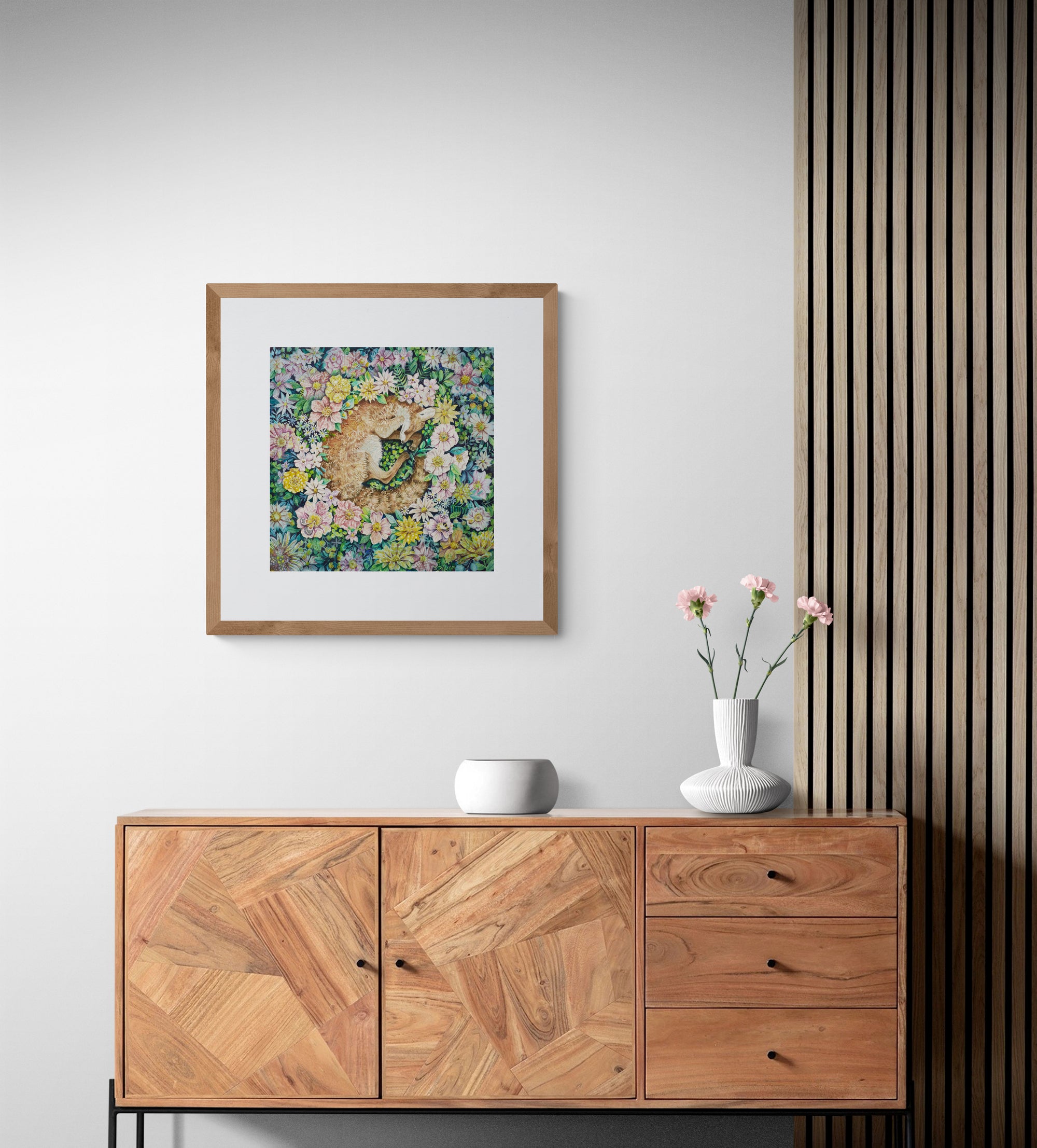 Square art print of a sleeping fox nestled in colorful flowers; whimsical nursery wall art featuring animal illustration for kids’ rooms or baby decor.
