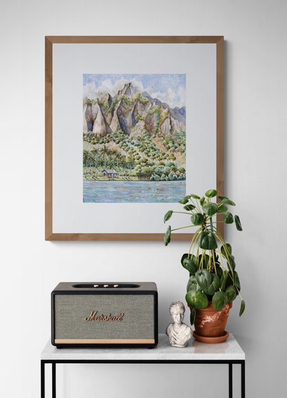 Hawaiian Landscape Watercolor Painting – Tropical Ocean View with Mountains, Trees & Cottage Wall Art