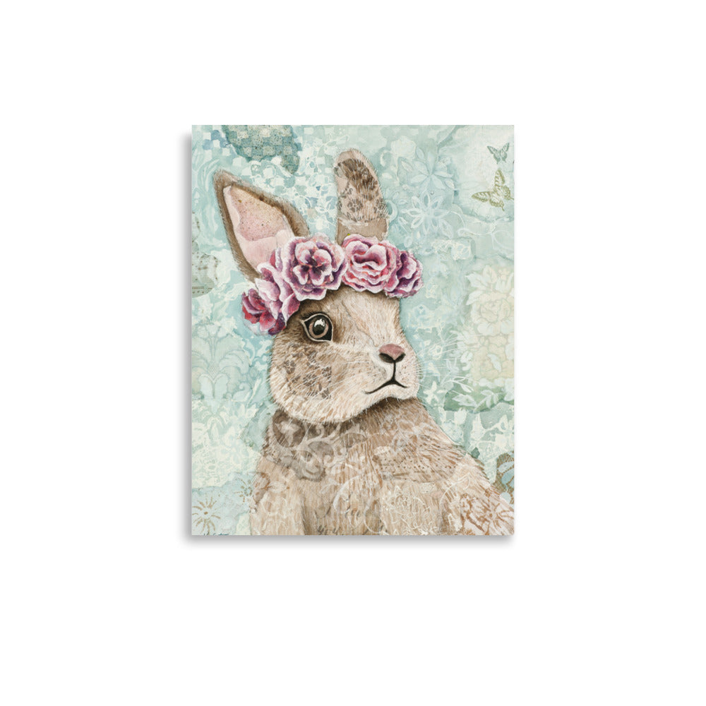 "Flower Bunny" wall art print featuring a cute brown bunny with a flower crown, floral background, and hidden "I love you" message — perfect nursery or home décor for adding warmth and love.