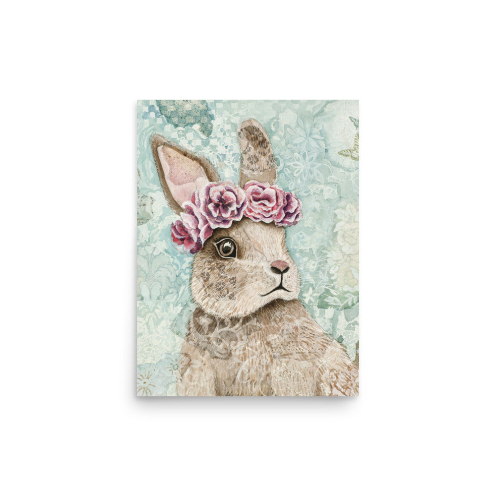 "Flower Bunny" wall art print featuring a cute brown bunny with a flower crown, floral background, and hidden "I love you" message — perfect nursery or home décor for adding warmth and love.
