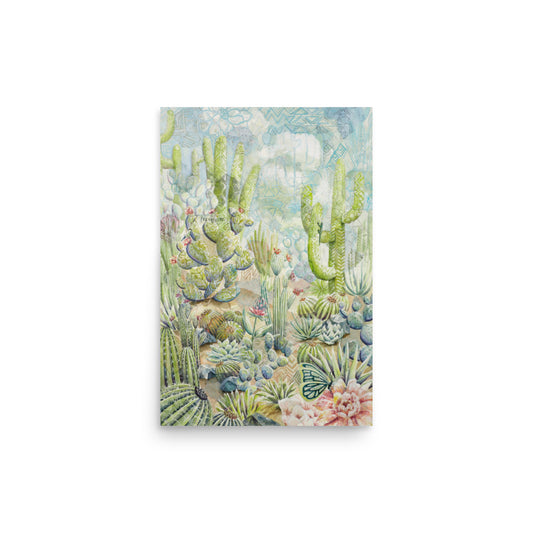 "Pastel desert landscape wall art print featuring intricate plants, a hidden camouflaged lizard, and a subtle ‘I love you’ message, available framed or unframed for Southwestern and nature-inspired home decor."