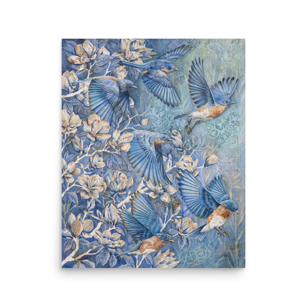 Watercolor painting of chickadee birds flying among cherry blossoms — vibrant nature wall art with rich textures and patterns, perfect for spring home décor or bird-themed nursery.