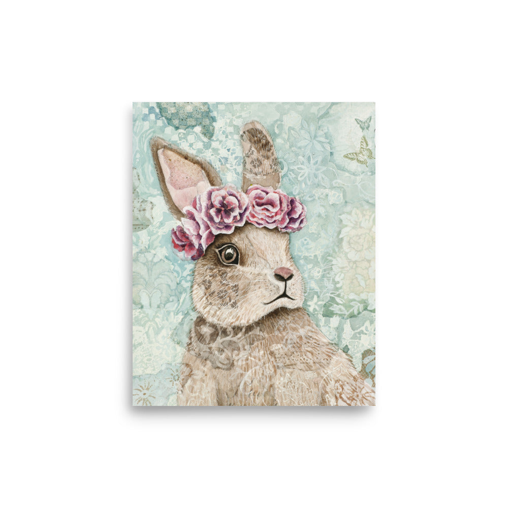 "Flower Bunny" wall art print featuring a cute brown bunny with a flower crown, floral background, and hidden "I love you" message — perfect nursery or home décor for adding warmth and love.