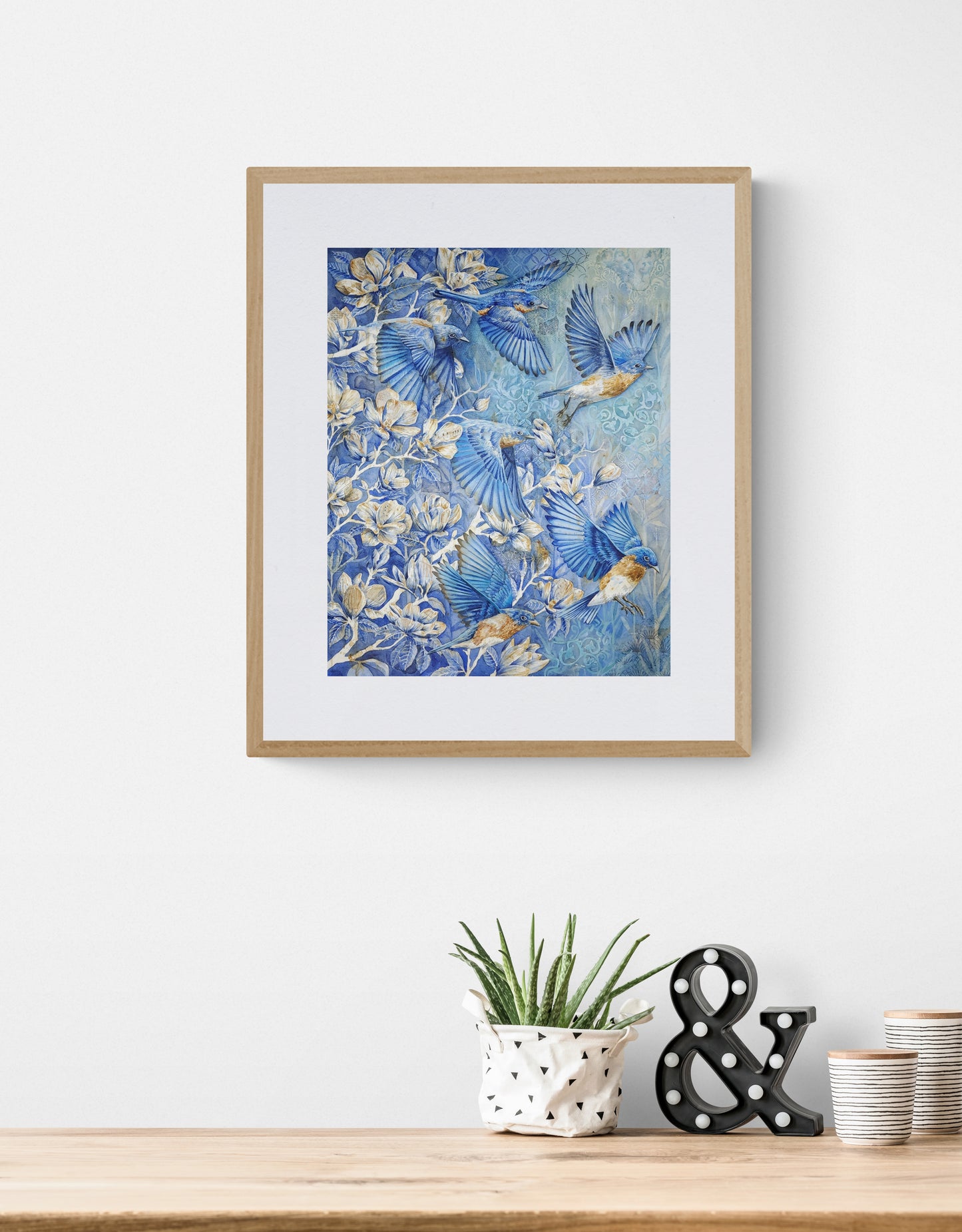 Watercolor painting of chickadee birds flying among cherry blossoms — vibrant nature wall art with rich textures and patterns, perfect for spring home décor or bird-themed nursery.
