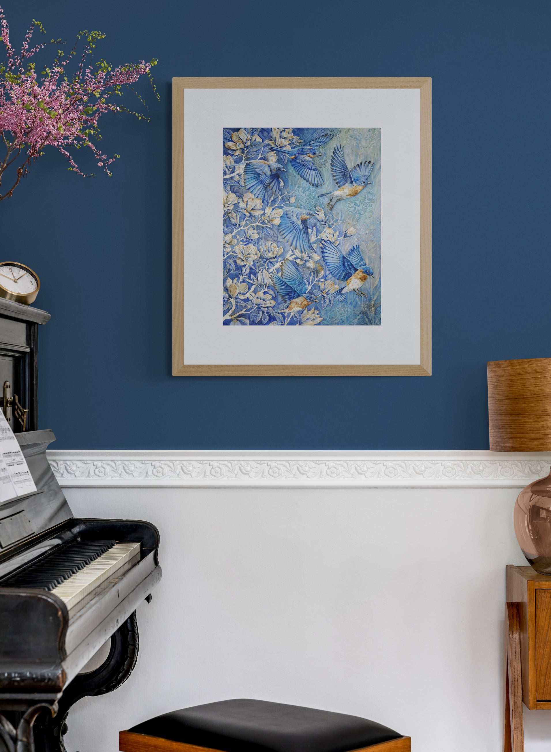 Watercolor painting of chickadee birds flying among cherry blossoms — vibrant nature wall art with rich textures and patterns, perfect for spring home décor or bird-themed nursery.