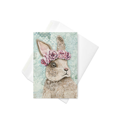 “Flower Bunny” greeting card with cute brown bunny wearing a flower crown, floral background, and hidden “I love you” message — perfect for baby showers, nursery décor, or heartfelt occasions.