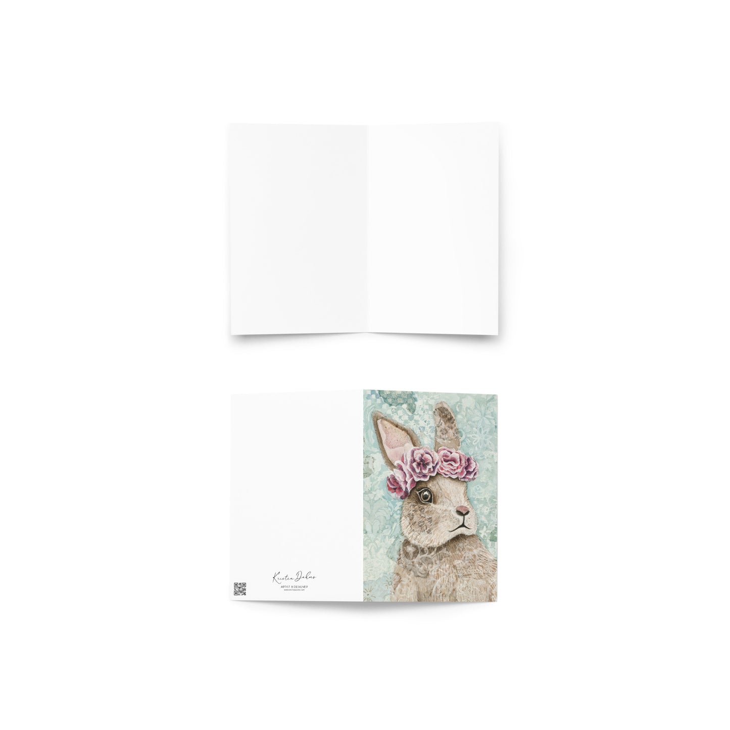 “Flower Bunny” greeting card with cute brown bunny wearing a flower crown, floral background, and hidden “I love you” message — perfect for baby showers, nursery décor, or heartfelt occasions.