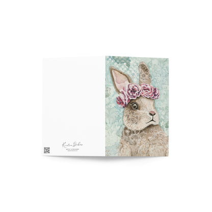 “Flower Bunny” greeting card with cute brown bunny wearing a flower crown, floral background, and hidden “I love you” message — perfect for baby showers, nursery décor, or heartfelt occasions.