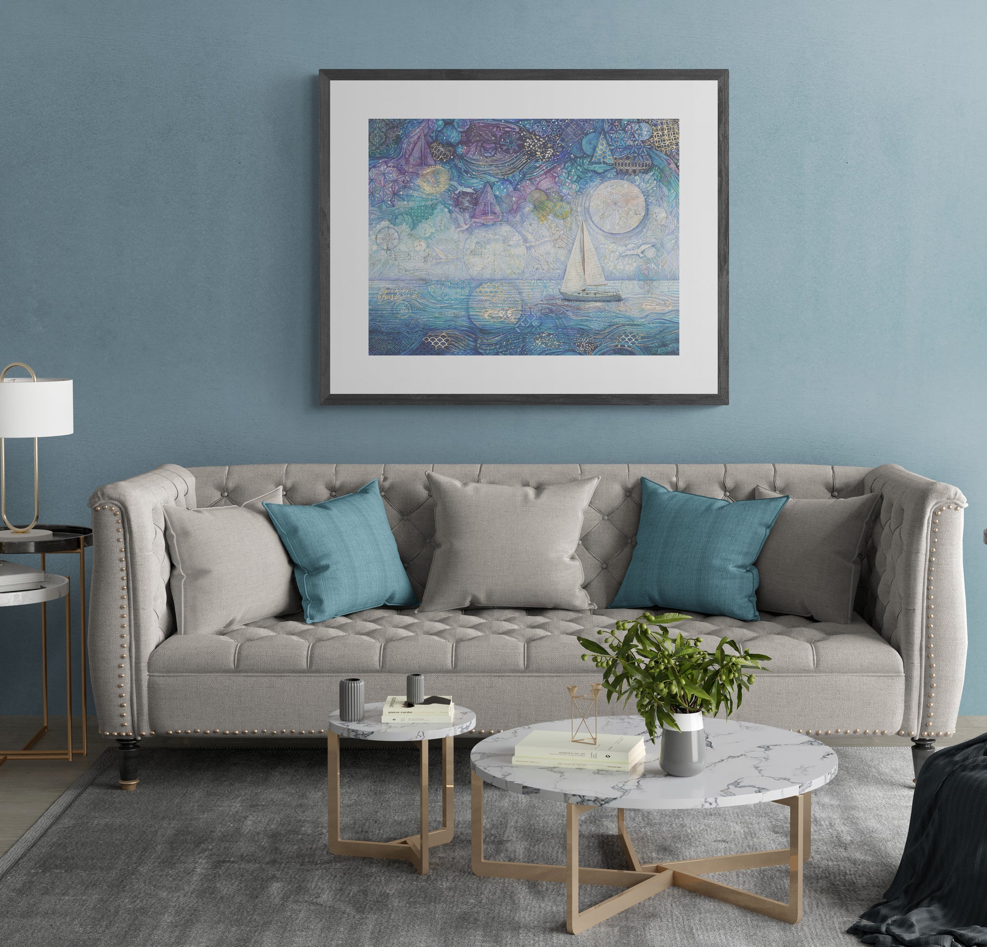 A framed painting of a nighttime seascape featuring dark ocean waves beneath a deep blue sky filled with shimmering stars, reminiscent of a starry night. nursery, whimsical, beach house, cottage, décor 