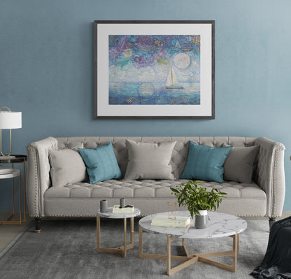 A framed painting of a nighttime seascape featuring dark ocean waves beneath a deep blue sky filled with shimmering stars, reminiscent of a starry night. nursery, whimsical, beach house, cottage, décor 