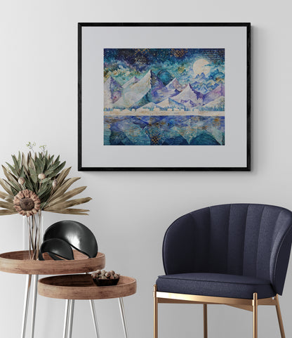 A whimsical framed nursery art print featuring a nighttime mountain scene under a starry sky, with a hidden dragon subtly blended into the mountain. The artwork has a magical, dreamy feel.