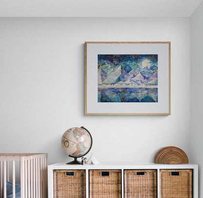 A whimsical framed nursery art print featuring a nighttime mountain scene under a starry sky, with a hidden dragon subtly blended into the mountain. The artwork has a magical, dreamy feel.