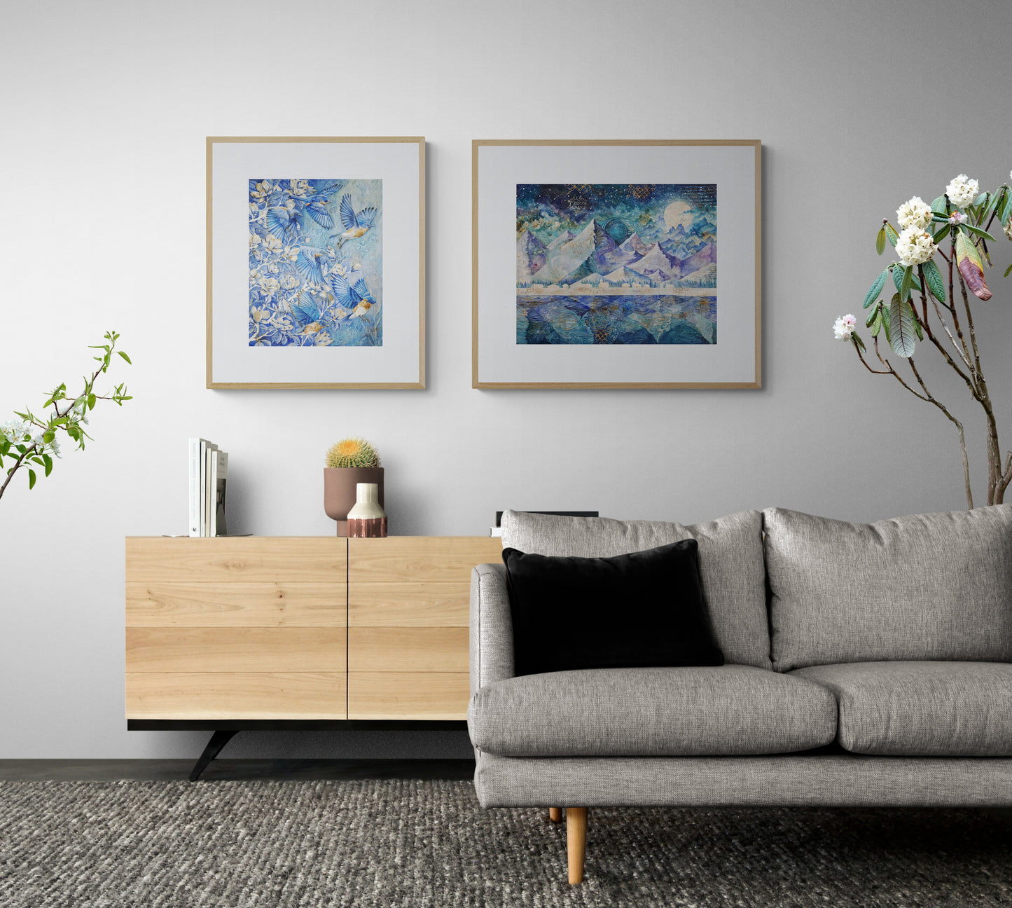 A whimsical framed nursery art print featuring a nighttime mountain scene under a starry sky, with a hidden dragon subtly blended into the mountain. The artwork has a magical, dreamy feel.