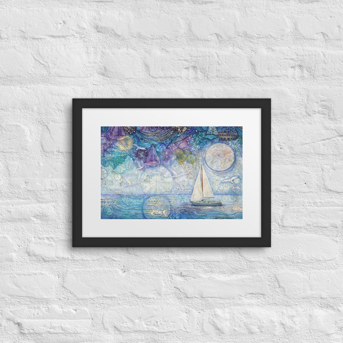A framed painting of a nighttime seascape featuring dark ocean waves beneath a deep blue sky filled with shimmering stars, reminiscent of a starry night. nursery, whimsical, beach house, cottage, décor 