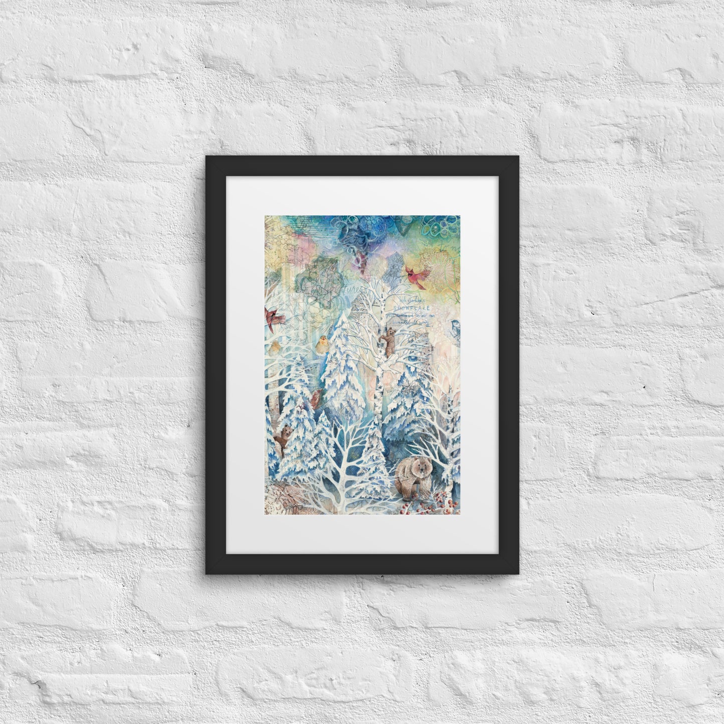 A framed winter forest painting with bears, hidden nature, and a starry night sky in soft whites and blues. Perfect for nursery or cozy home décor.