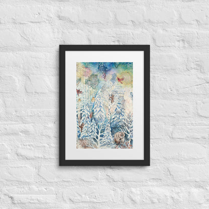 A framed winter forest painting with bears, hidden nature, and a starry night sky in soft whites and blues. Perfect for nursery or cozy home décor.